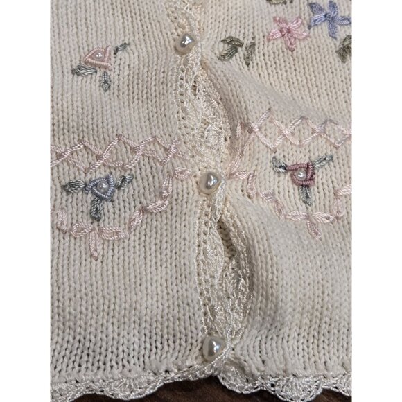 Vtg Shenanigans Floral Embroidered Button Up Sweater Crochet Trim Cottagecore L - Picture 4 of 9